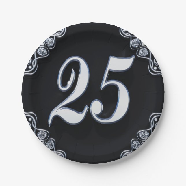 25th Birthday or Anniversary Regal Silver Black Paper Plates (Front)