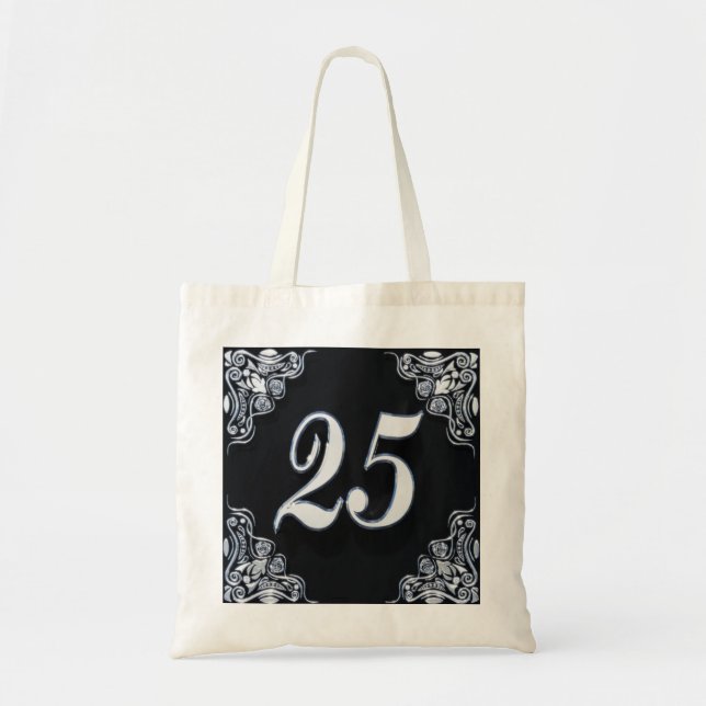 25th Birthday or Anniversary Regal Silver Black Tote Bag (Front)