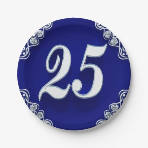 25th Birthday or Anniversary Regal Silver Blue Paper Plates