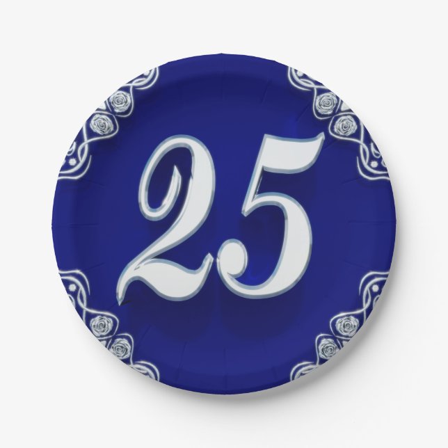 25th Birthday or Anniversary Regal Silver Blue Paper Plates (Front)