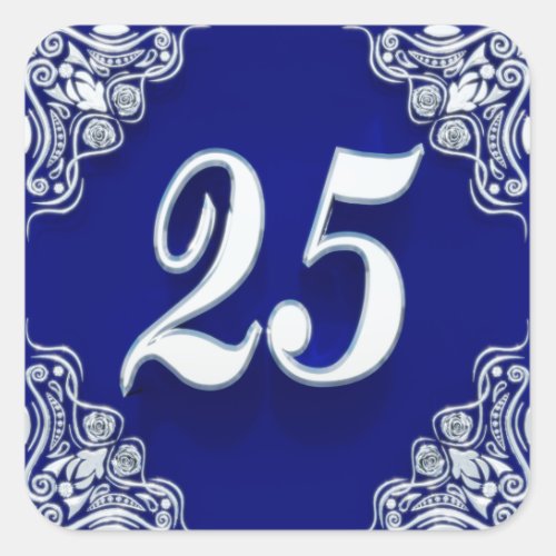 25th Birthday or Anniversary Regal Silver Blue Square Sticker