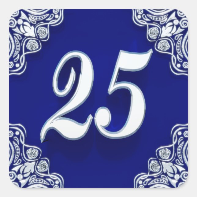 25th Birthday or Anniversary Regal Silver Blue Square Sticker (Front)