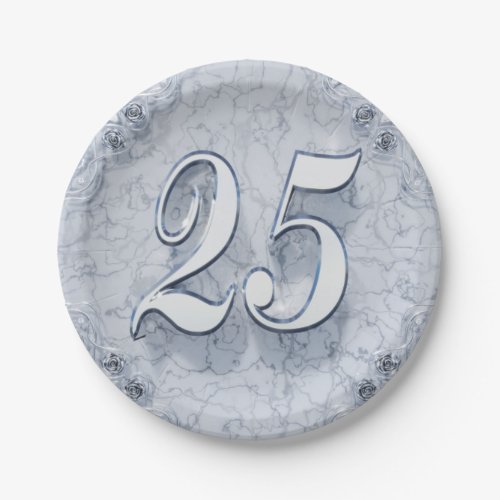 25th Birthday or Anniversary Regal Silver Marble Paper Plates