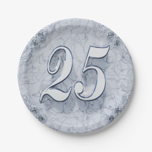 25th Birthday or Anniversary Regal Silver Marble Paper Plates (Front)