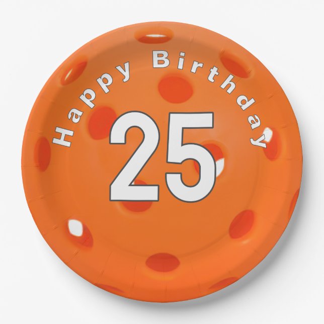 25th Birthday Orange Pickleball Paper Plates (Front)