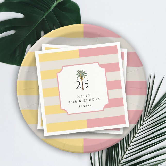 25th Birthday Palm Beach Pastel Stripe Tropical Napkins (Creator Uploaded)