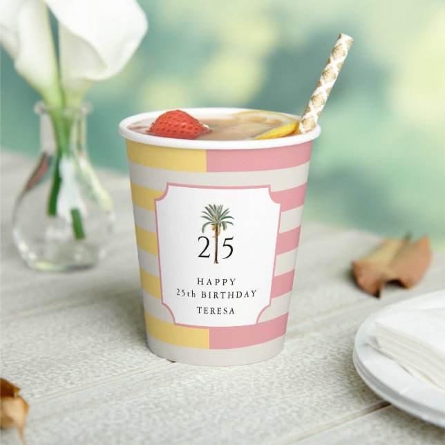 25th Birthday Palm Beach Pastel Stripe Tropical Paper Cups (Insitu)