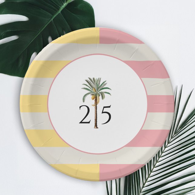 25th Birthday Palm Beach Tropical Pastel Stripe Paper Plates (Creator Uploaded)