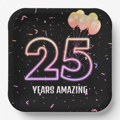25th Birthday Party Balloons and Confetti Paper Plates