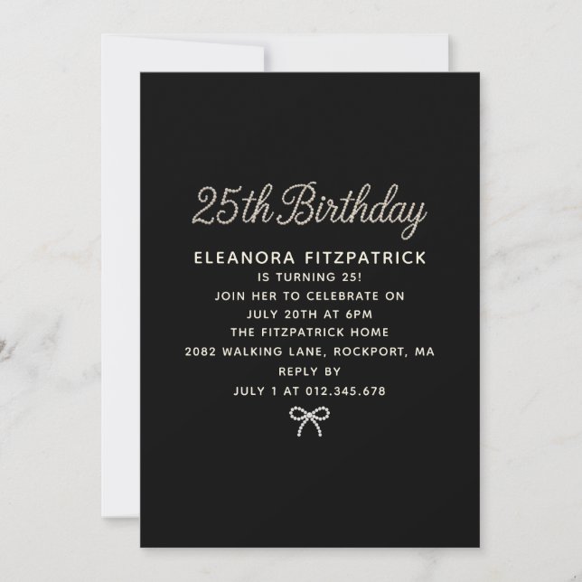 25th Birthday Party Black White Pearl Script Bow Invitation (Front)