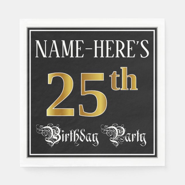 25th Birthday Party — Fancy Script, Faux Gold Look Napkins (Front)