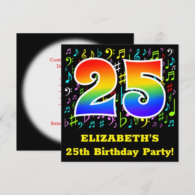 25th Birthday Party: Fun Music Symbols, Rainbow 25 Invitation (Front/Back)