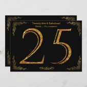 25th Birthday party,Gatsby styl,black gold glitter Invitation (Front/Back)