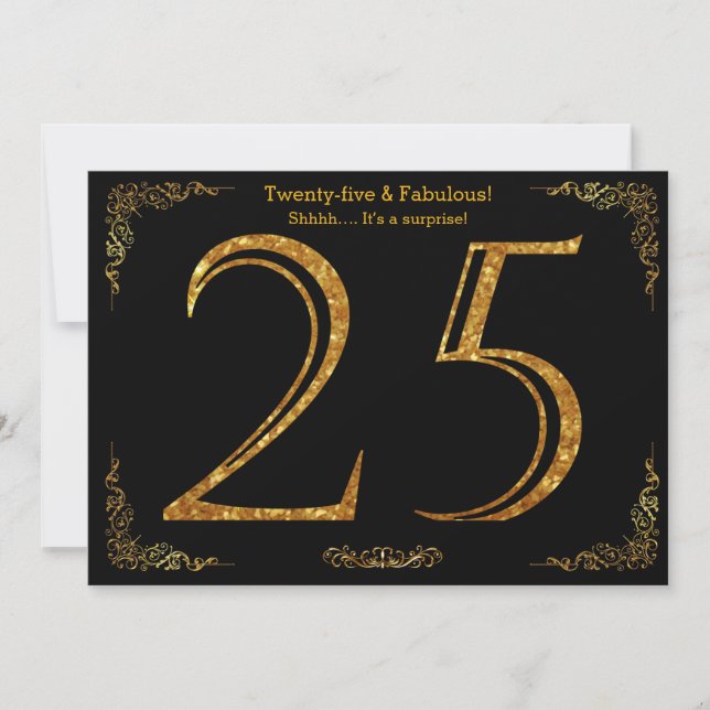25th Birthday party,Gatsby styl,black gold glitter Invitation (Front)