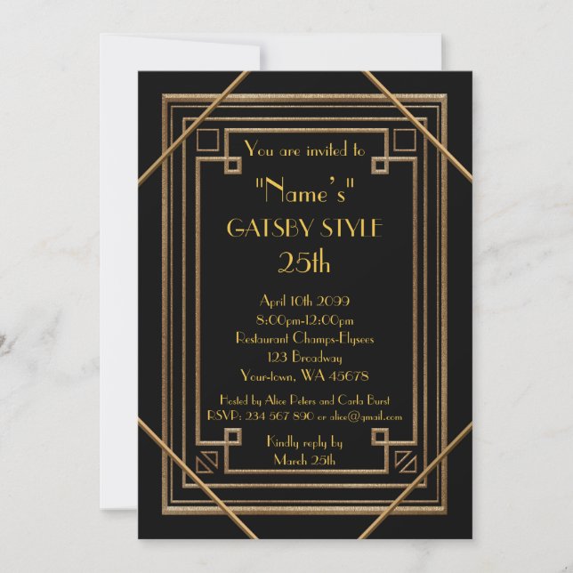 25th,Birthday party, Gatsby style, black & gold Invitation (Front)