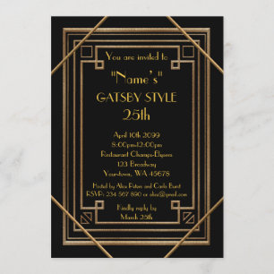 25th,Birthday party, Gatsby style, black & gold Invitation
