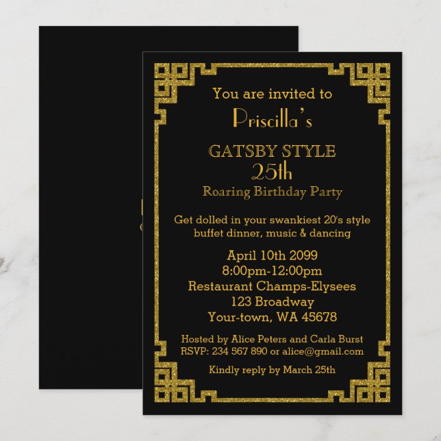 25th,Birthday party, Gatsby style, black & gold Invitation (Front/Back)