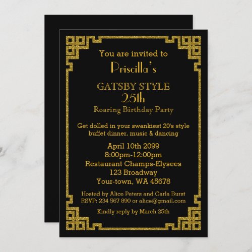 25thBirthday party Gatsby style black  gold Invitation