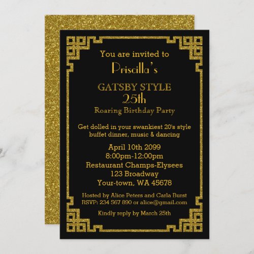 25thBirthday party Gatsby style black  gold Invitation