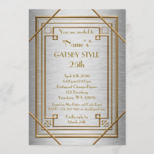 25th,Birthday party, Gatsby style, silver & gold Invitation