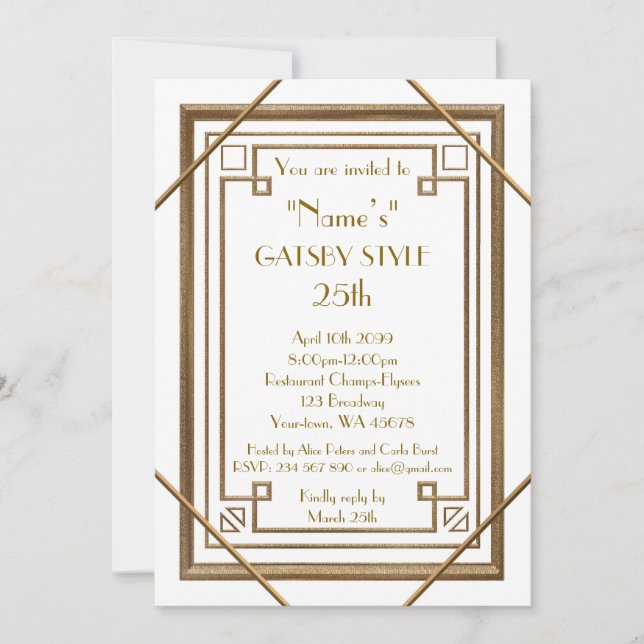 25th,Birthday party, Gatsby style, white & gold Invitation (Front)