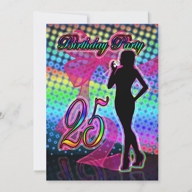 25th Birthday Party Invitation, Neon With Female S Invitation (Front)