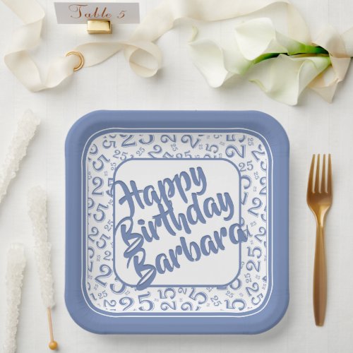 25th Birthday Party Number Pattern Blue White Paper Plates