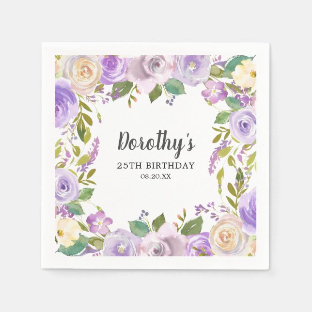 25th Birthday Party Purple Rose Floral Monogram Napkins (Front)