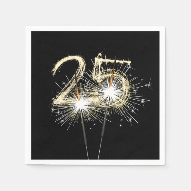 25th Birthday Party Sparklers on Black  Napkins (Front)
