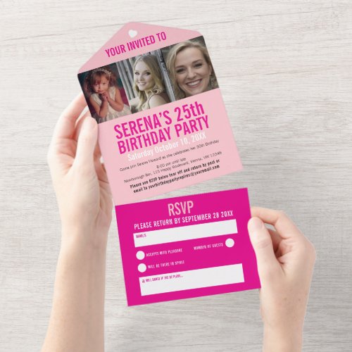 25th Birthday party three photos shades of pink All In One Invitation