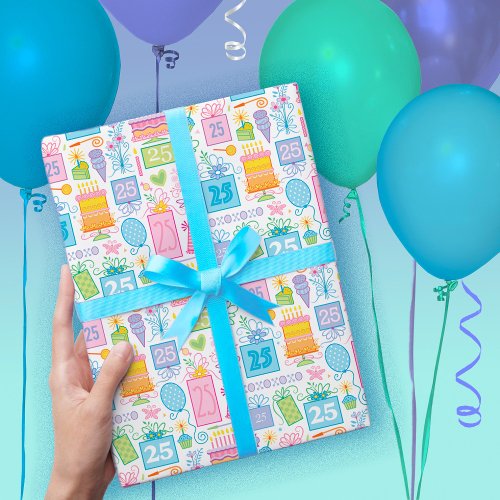 25th Birthday Pastel Pink Cake Presents Balloons Wrapping Paper Sheets