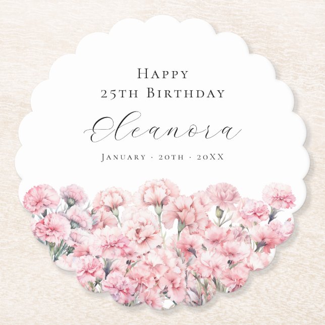 25th Birthday Pink Carnation January Birth Flower Paper Coaster (Front)