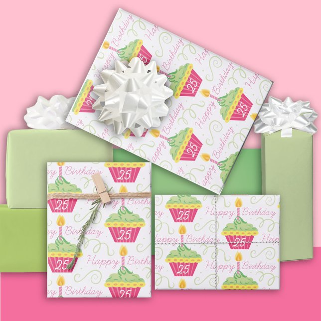 25th Birthday Pink Green Cupcakes Wrapping Paper Sheets (Creator Uploaded)