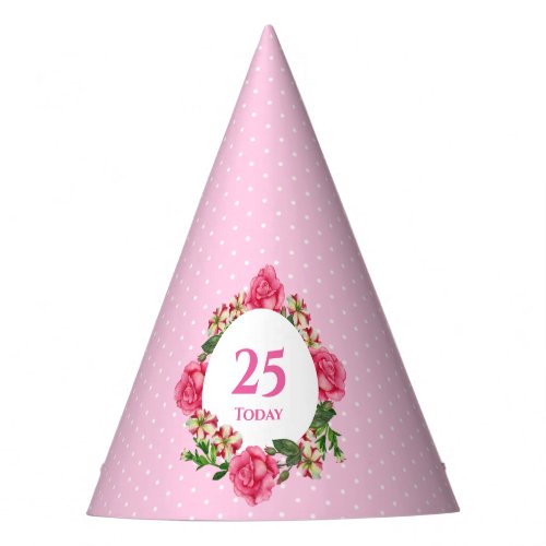 25th Birthday Pink Rose Red White Petunias Polka Party Hat