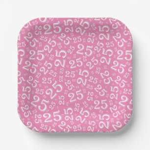25th Birthday Pink/White Random Number Pattern Paper Plates