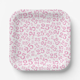 25th Birthday Pink/White Random Number Pattern Paper Plates