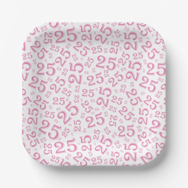 25th Birthday Pink/White Random Number Pattern Paper Plates (Front)