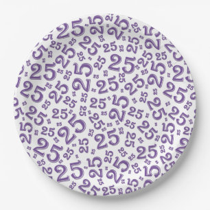 25th Birthday Purple/White Random Number Pattern Paper Plates