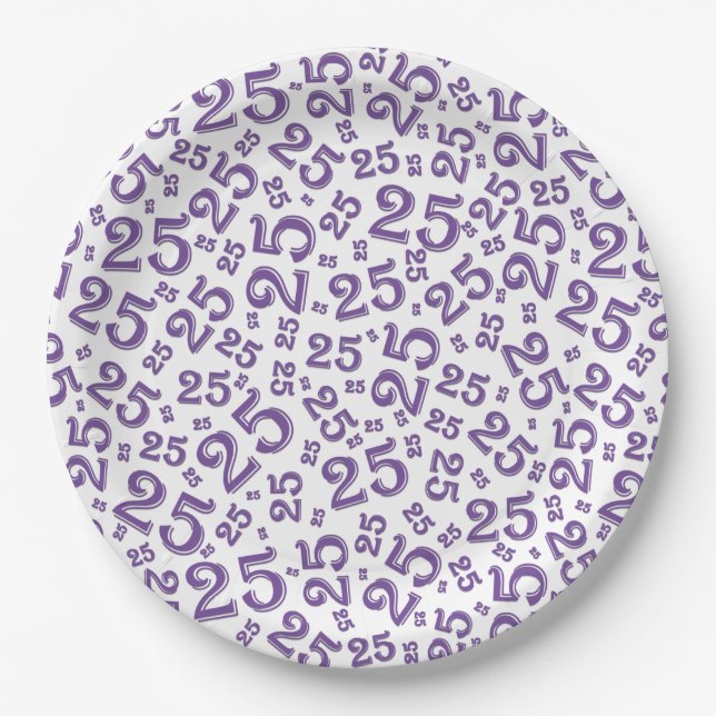 25th Birthday Purple/White Random Number Pattern Paper Plates (Front)