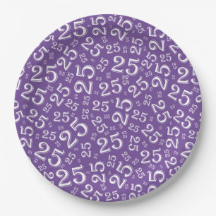 25th Birthday Purple/White Random Number Pattern Paper Plates