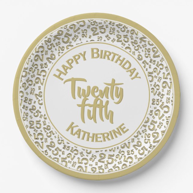 25th Birthday Random Number Pattern 25 Gold/White Paper Plates (Front)