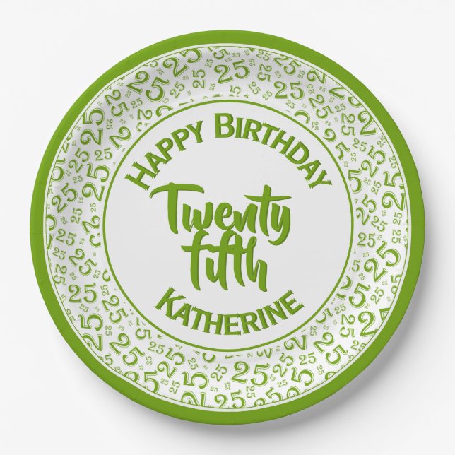 25th Birthday Random Number Pattern 25 Green/White Paper Plates (Front)