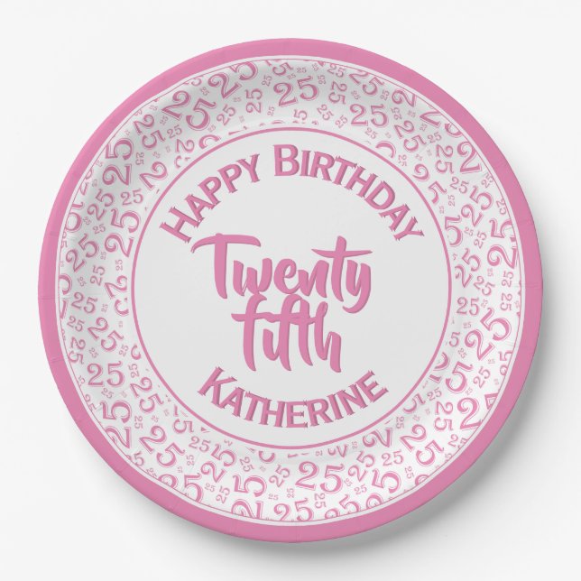 25th Birthday Random Number Pattern 25 Pink/White Paper Plates (Front)