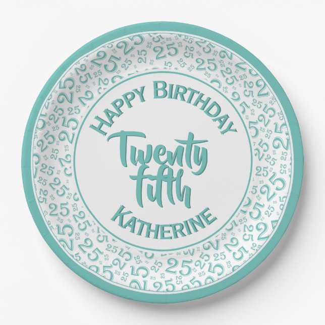25th Birthday Random Number Pattern 25 Teal/White Paper Plates (Front)
