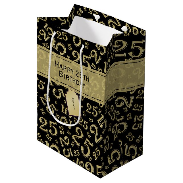 25th Birthday Random Number Pattern Black/Gold Medium Gift Bag (Front Angled)