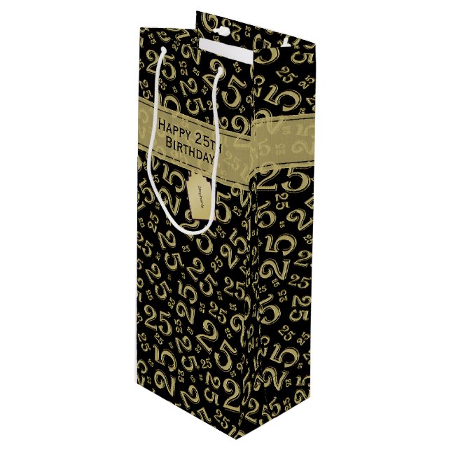 25th Birthday Random Number Pattern Black/Gold Wine Gift Bag (Front Angled)