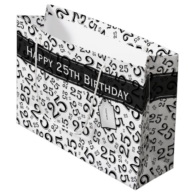25th Birthday Random Number Pattern Black/White Large Gift Bag (Front Angled)