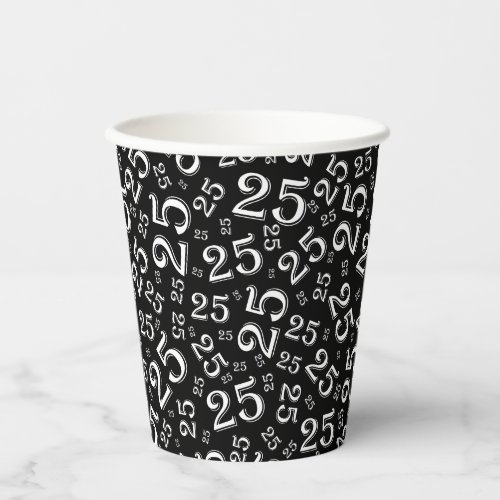 25th Birthday Random Number Pattern BlackWhite Paper Cups
