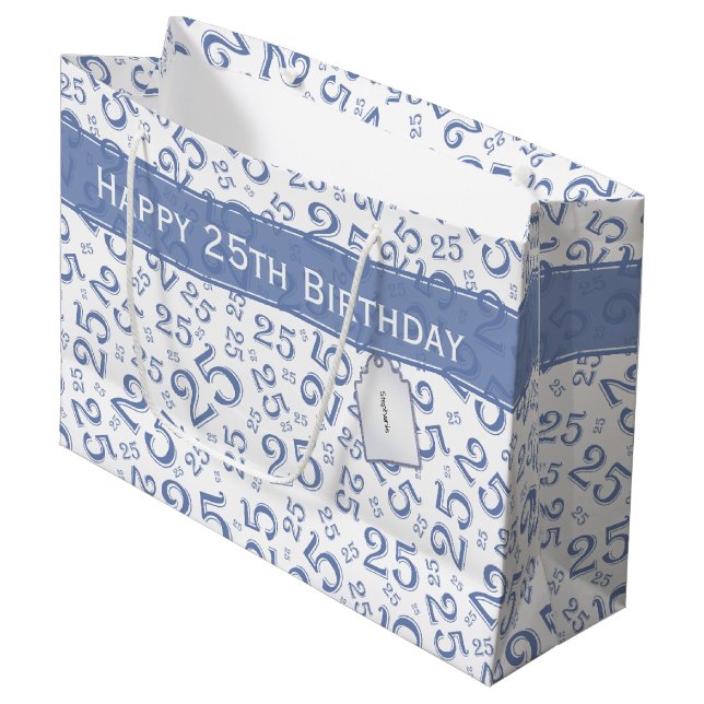 25th Birthday Random Number Pattern Blue/White Large Gift Bag (Front Angled)