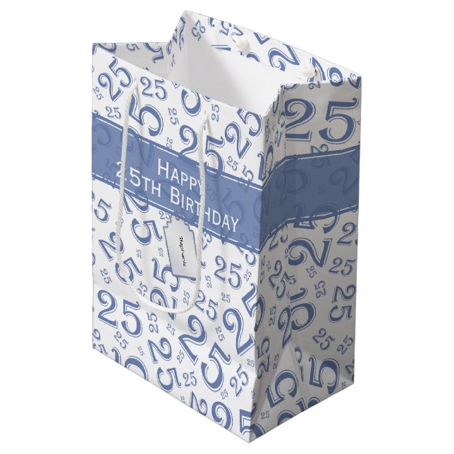25th Birthday Random Number Pattern Blue/White Medium Gift Bag (Front Angled)